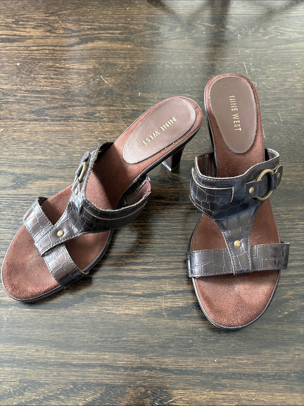 Nine West Dark Brown Croc-Embossed Slide Mules with Gold Buckle